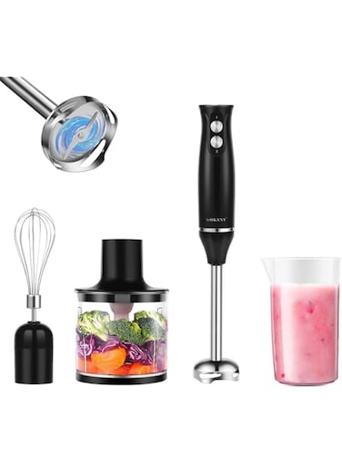 SOKANY SK-1710-4 500W Electric Immersion Hand Blender, 2-Speed, 4 in 1: [Hand Blender, Egg Whisk, Meat Chopper, Measuring Cup], For Smoothies, Soups &amp; Dips puree, Baby Food, Stainless Steel