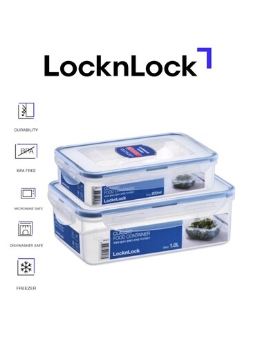 &amp; LOCK LocknLock Classic Airtight Rectangular Containers 800ml + 1L - BPA-Free, Microwave &amp; Freezer Safe