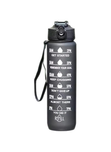 Large Capacity Sports Water Bottle. Plastic Water Bottle With Motivational Message, Time Marker, Water Measurements And Straw, For Seniors And Children (BLACK)