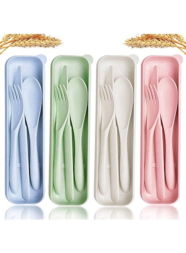 with Case Travel Utensil Set, 4 Sets Wheat Straw Reusable Portable Spoon Knife Forks Tableware, Eco Friendly Non-toxin BPA Free Portable Cutlery for Travel Picnic Camping or Daily Use