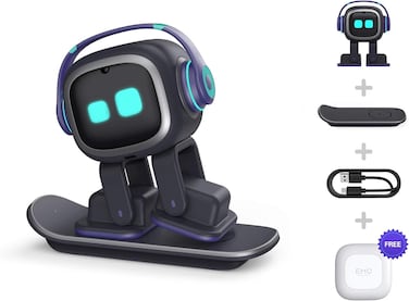 EMO Robot Desktop Pet Companion (Skateboard-Black) AI-Powered Smart Robot with Voice Interaction, Smart Light &amp; Wireless Charging Skateboard Base for Kids and Adults