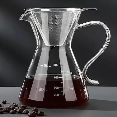1CHASE Borosilicate Heat Resistant Glass Coffee Server Pot with Filter For Pour Over Coffee Maker 500 ML