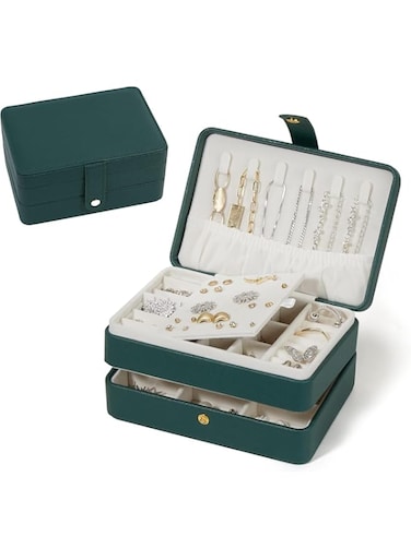 Travel Jewelry Organizer, PU Leather Small Jewelry Organizer for Women and Girls, 2 Layers Portable Jewelry Holder for Stud Earrings, Rings, Necklaces, Bracelets, Compact and Elegant Design, Green