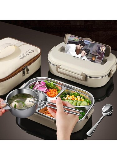 stainless steel insulated lunch box student work sealed lunch box Beige two-grid 1000ml (with tableware) with phone Stand Microwave Safe