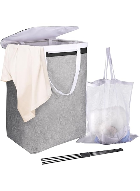 Kailund Collapsible Laundry Baskets 66L Large Dirty Clothes Hamper with Lid and Handles, Tall Clothes Hamper for 30 T-shirts or 10 Jeans - Dark Grey 15.7 * 11.8 * 21.7