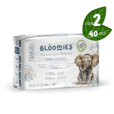 Bloomies Premium Baby Diapers Size 2, 3-8 kg, 40 Count, Eco-friendly And Hypoallergenic Ultra-Soft Nappy Diaper Skin Friendly, Leakage Protection, Wetness Indicator, 100% Organic Natural Bamboo Made