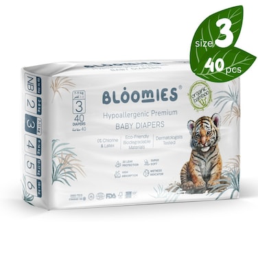 Bloomies Premium Baby Diapers Size 3, 7-11 kg, 40 Count, Eco-friendly And Hypoallergenic Ultra-Soft Nappy Diaper Skin Friendly, Leakage Protection, Wetness Indicator, 100% Organic Natural Bamboo Made