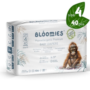 Bloomies Premium Baby Diapers Size 4, 9-14 kg, 40 Count, Eco-friendly And Hypoallergenic Ultra-Soft Nappy Diaper Skin Friendly, Leakage Protection, Wetness Indicator, 100% Organic Natural Bamboo Made