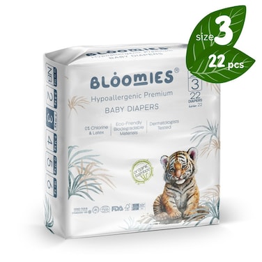 Bloomies Premium Baby Diapers Size 3, 7-11 kg, 22 Count, Eco-friendly And Hypoallergenic Ultra-Soft Nappy Diaper Skin Friendly, Leakage Protection, Wetness Indicator, 100% Organic Natural Bamboo Made