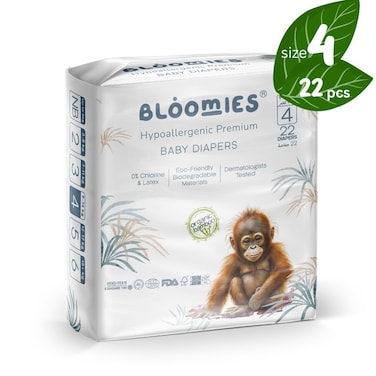 Bloomies Premium Baby Diapers Size 4, 9-14 kg, 22 Count, Eco-friendly And Hypoallergenic Ultra-Soft Nappy Diaper Skin Friendly, Leakage Protection, Wetness Indicator, 100% Organic Natural Bamboo Made