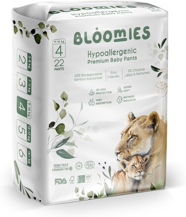Bloomies Premium Baby Diaper Pants Size 4, 9-14kg, 22 Count, Wetness Indicator Eco-friendly And Hypoallergenic Ultra-Soft Nappy Diapers Pant Skin Friendly, Leakage Protection, Natural Bamboo Made