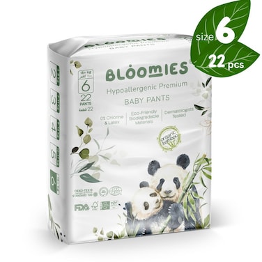 Bloomies Premium Baby Diaper Pants Size 6, 15+kg, 22 Count, Wetness Indicator Eco-friendly And Hypoallergenic Ultra-Soft Nappy Diapers Pant Skin Friendly, Leakage Protection, 100% Natural Bamboo Made