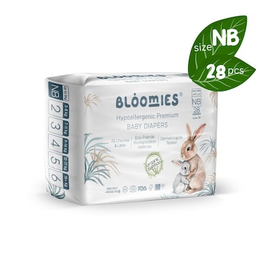 Bloomies Premium Baby Diapers for Newborns, 0-5kg, 28 Count, Eco-friendly And Hypoallergenic Ultra-Soft Nappy Diaper Skin Friendly, Leakage Protection, Wetness Indicator, 100% Organic Natural Bamboo Made