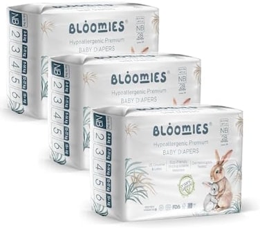 Bloomies Premium Baby Diapers for Newborns, 0-5kg, 84 Count, Eco-friendly And Hypoallergenic Ultra-Soft Nappy Diaper Skin Friendly, Leakage Protection, Wetness Indicator, 100% Organic Natural Bamboo Made