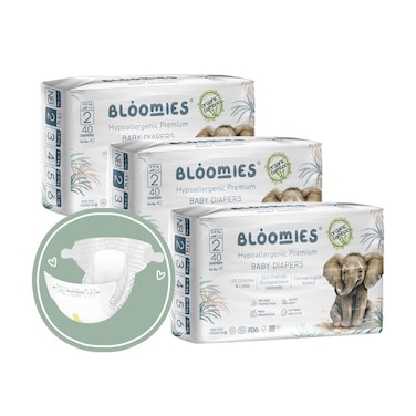 Bloomies Premium Baby Diapers Size 2, 3-8 kg, 120 Count, Eco-friendly And Hypoallergenic Ultra-Soft Nappy Diaper Skin Friendly, Leakage Protection, Wetness Indicator, 100% Organic Natural Bamboo Made