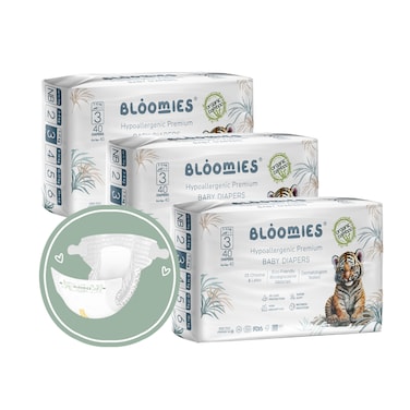Bloomies Premium Baby Diapers Size 3, 7-11 kg, 120 Count, Eco-friendly And Hypoallergenic Ultra-Soft Nappy Diaper Skin Friendly, Leakage Protection, Wetness Indicator, 100% Organic Natural Bamboo Made