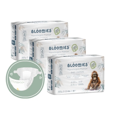 Bloomies Premium Baby Diapers Size 4, 9-14 kg, 120 Count, Eco-friendly And Hypoallergenic Ultra-Soft Nappy Diaper Skin Friendly, Leakage Protection, Wetness Indicator, 100% Organic Natural Bamboo Made