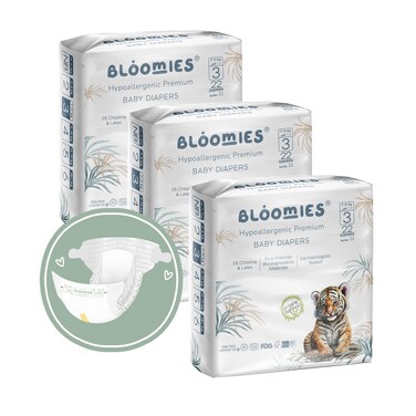 Bloomies Premium Baby Diapers Size 3, 7-11 kg, 66 Count, Eco-friendly And Hypoallergenic Ultra-Soft Nappy Diaper Skin Friendly, Leakage Protection, Wetness Indicator, 100% Organic Natural Bamboo Made
