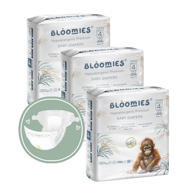Bloomies Premium Baby Diapers Size 4, 9-14 kg, 66 Count, Eco-friendly And Hypoallergenic Ultra-Soft Nappy Diaper Skin Friendly, Leakage Protection, Wetness Indicator, 100% Organic Natural Bamboo Made
