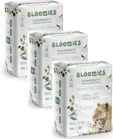 Bloomies Premium Baby Diaper Pants Size 4, 9-14kg, 66 Count, Wetness Indicator Eco-friendly And Hypoallergenic Ultra-Soft Nappy Diapers Pant Skin Friendly, Leakage Protection, Natural Bamboo Made