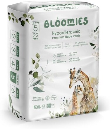 Bloomies Premium Baby Diaper Pants Size 5, 12-17kg, 66 Count, Wetness Indicator Eco-friendly And Hypoallergenic Ultra-Soft Nappy Diapers Pant Skin Friendly, Leakage Protection, Natural Bamboo Made