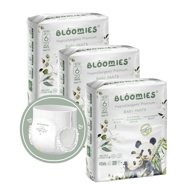 Bloomies Premium Baby Diaper Pants Size 6, 15+kg, 66 Count, Wetness Indicator Eco-friendly And Hypoallergenic Ultra-Soft Nappy Diapers Pant Skin Friendly, Leakage Protection, 100% Natural Bamboo Made
