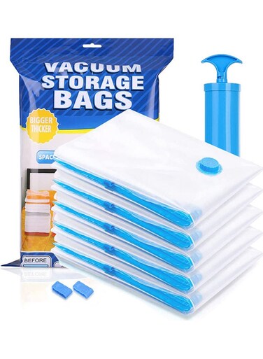 5-Pack Reusable Vacuum Storage Bags With Travel Hand Pump White/Blue 100x80cm