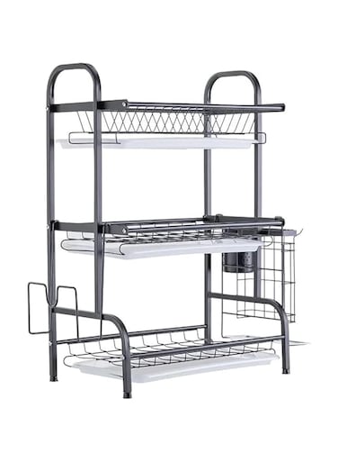 VIO&reg; 3 Tier Dish Drying Rack for Kitchen Counter Shelf with Water Drain Tray Tableware Utensil Cutting Board Holder Large Capacity Rustproof Durable Organizer Storage 63.2x26.8x13.8cm Black