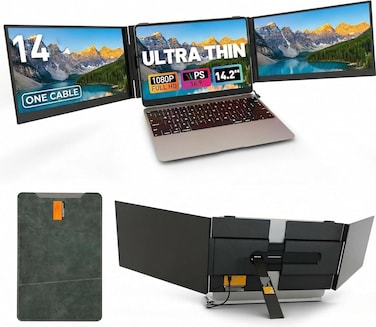 14" Triple Laptop Screen Extender, One Cable USB-C Portable Monitor, FHD 1080P Ultra-Thin Lightweight Triple Screen for 13&ndash;17" Laptops, Plug &amp; Play with Windows Mac ChromeOS Android Switch