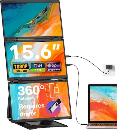 Quad Laptop Screen Extender, 15.6" FHD 1080P Triple Portable Monitors, One-Button Combine to 30" Wide Display, One Cable Connection with Driver, Compatible with Windows &amp; Mac