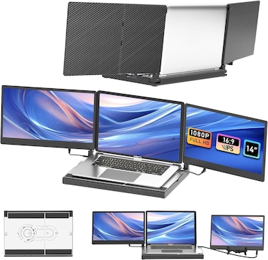 14'' Triple Laptop Monitor Extender with Aluminum Base, 360&deg; Rotation, 1080P FHD IPS Display for 12-17'' Laptops - Plug &amp; Play, Adjustable Stand, Compatible with Windows, MacBook