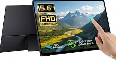15.6" Portable Touchscreen Monitor, FHD 1080P IPS Display with Tempered Glass, Ultra-Slim Travel Monitor with Kickstand &amp; Speakers, HDMI and USB-C External Screen for Laptop, Phone, PC, Xbox, Switch