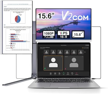 V2COM 15.6'' Portable Triple Monitor for Laptops, Ultra-Thin IPS Narrow border Screen Extender, Compatible with Mac, Windows &amp; Chrome - Perfect for Multitasking, Fits Most Laptops