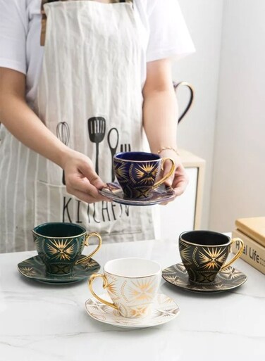 Luxury Arabic Gold Handle Ceramic Tea Cup Sets With Saucers Blue