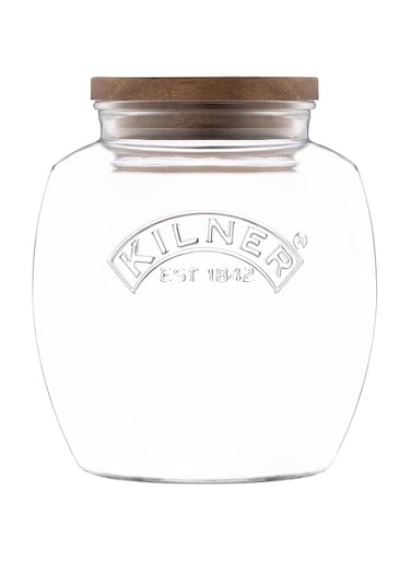 Kilner Universal Jar Wooden Lid 2 Litre Glass Food Container With Silicone Seals Kitchen Pantry Storage For Dry Food Like Grains, Pasta And Cereals