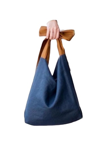 Blue and Brown Tote Bag, Reusable Grocery Bag