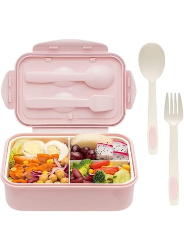 Bento 3-Compartment Plastic Lunch Box for Kids with Spoon &amp; Fork (Pink)