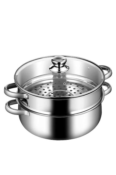 2-Tier Stainless Steel Steamer Pot &acirc;&euro;&ldquo; 7.1-Inch Multi-Layer Food Steamer with Glass Lid &amp; Handles for Vegetables, Seafood and More