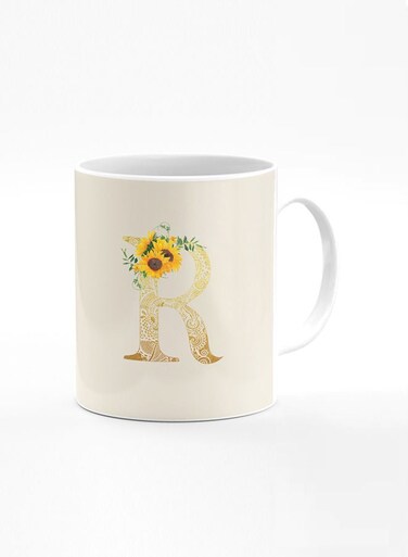 Designer Printed Coffee Mug 11oz Ceramic Personalised Gift Mugs Cup Custom Monogram Initial Letter Floral Pattern Alphabet R (Albescent White)
