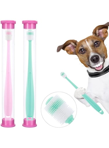 MAKINGTEC Pet Toothbrush, 2 Piece Set with Storage Case 360 Degree Soft Silicone Handle Puppy and Cat Toothbrush Pet Dental Care Oral Hygiene Deep Cleaning (Pink + Blue)