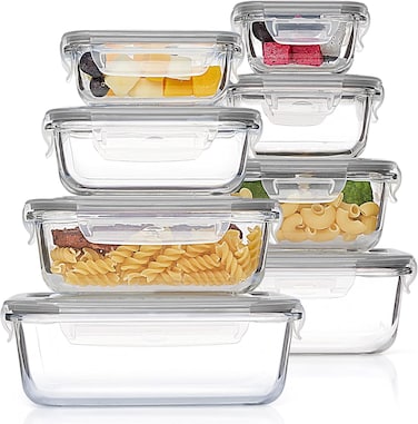 LA' PRECIOUS 8 Pack Glass Meal Prep Containers with Leak Proof Locking Lids, Airtight Food Storage Containers for Microwave, Oven, Freezer and Dishwasher, BPA Free, Grey