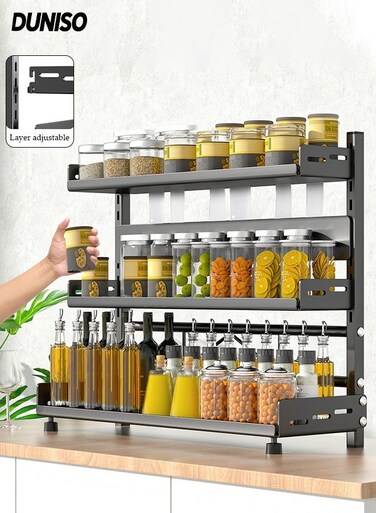 3-Tier Stainless Steel Spice Shelf, Height-Adjustable Kitchen Countertop Organizer&iuml;&frac14;&OElig;Anti-Slip Standing Seasoning Storage Shelf ,with Knife Utensil Holder Tray for Kitchen