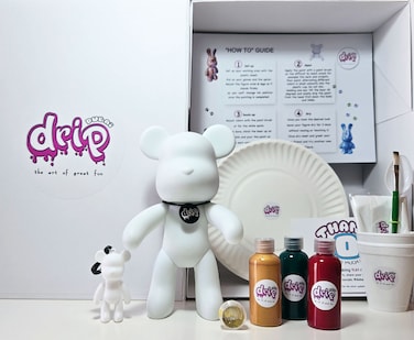 DIY Fluid Acrylic Pouring Paint BEAR Happiness 23cm Kit + Toy Keychain and Glitter: Rose-Red, Gold, Dark-Green.