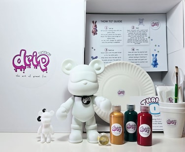 DIY Fluid Acrylic Pouring Paint COOL-BEAR Happiness 23cm Piggy Bank Kit + Toy Keychain and Glitter: Rose-red, Gold, Dark-Green.