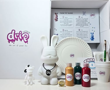 DIY Fluid Acrylic Pouring Paint COOL-BUNNY Happiness 23cm Piggy Bank Kit + Toy Keychain and Glitter: Rose-Red, Gold, Dark-Green.