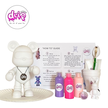 DIY Fluid Acrylic Pouring Paint Cool-Bear 23cm Piggy Bank Kit + Toy Keychain and Glitter: Light-Pink, Fluorescent-Pink, Light-Purple.