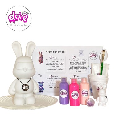 DIY Fluid Acrylic Pouring Paint Cool-Bunny 23cm Piggy Bank Kit + Toy Keychain and Glitter: Light-Pink, Fluorescent-Pink, Light-Purple.