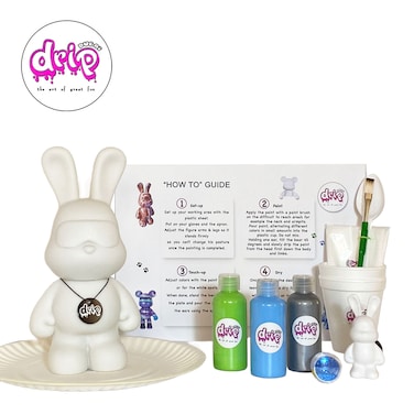 DIY Fluid Acrylic Pouring Paint Cool-Bunny 23cm Piggy Bank Kit + Toy Keychain and Glitter: Light-Blue, Green, Silver.