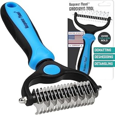 Maxpower Planet Pet Grooming Brush - Double Sided Shedding and Dematting Undercoat Rake Comb for Dogs and Cats,Extra Wide, Blue, Dog Grooming Brush, Dog Shedding Brush