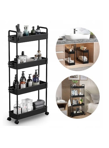 Slim Storage Cart, 4-Tier Bathroom Organizer with Mobile Shelves, Rolling Multi-Purpose Cart with Slide-Out Compartments for Kitchen, Bathroom, Laundry and Narrow Spaces (Black)